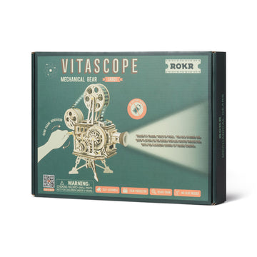 Vitascope mechanical gear model packaging on a white background 3D Puzzle made of wood of a vintage movie projector